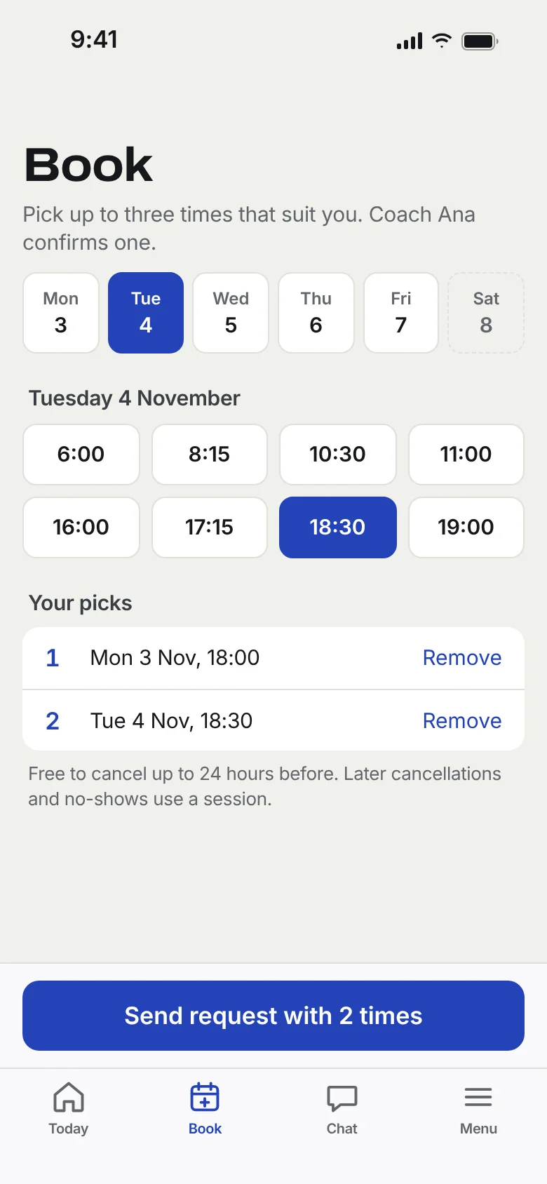 A client offering three possible session times