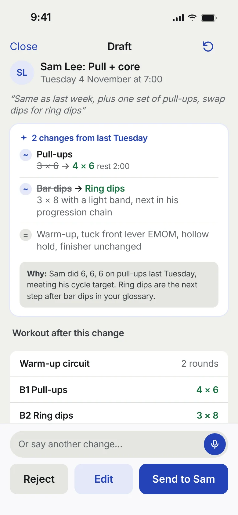 CoachSpotter showing a draft change to a client’s workout, waiting for approval