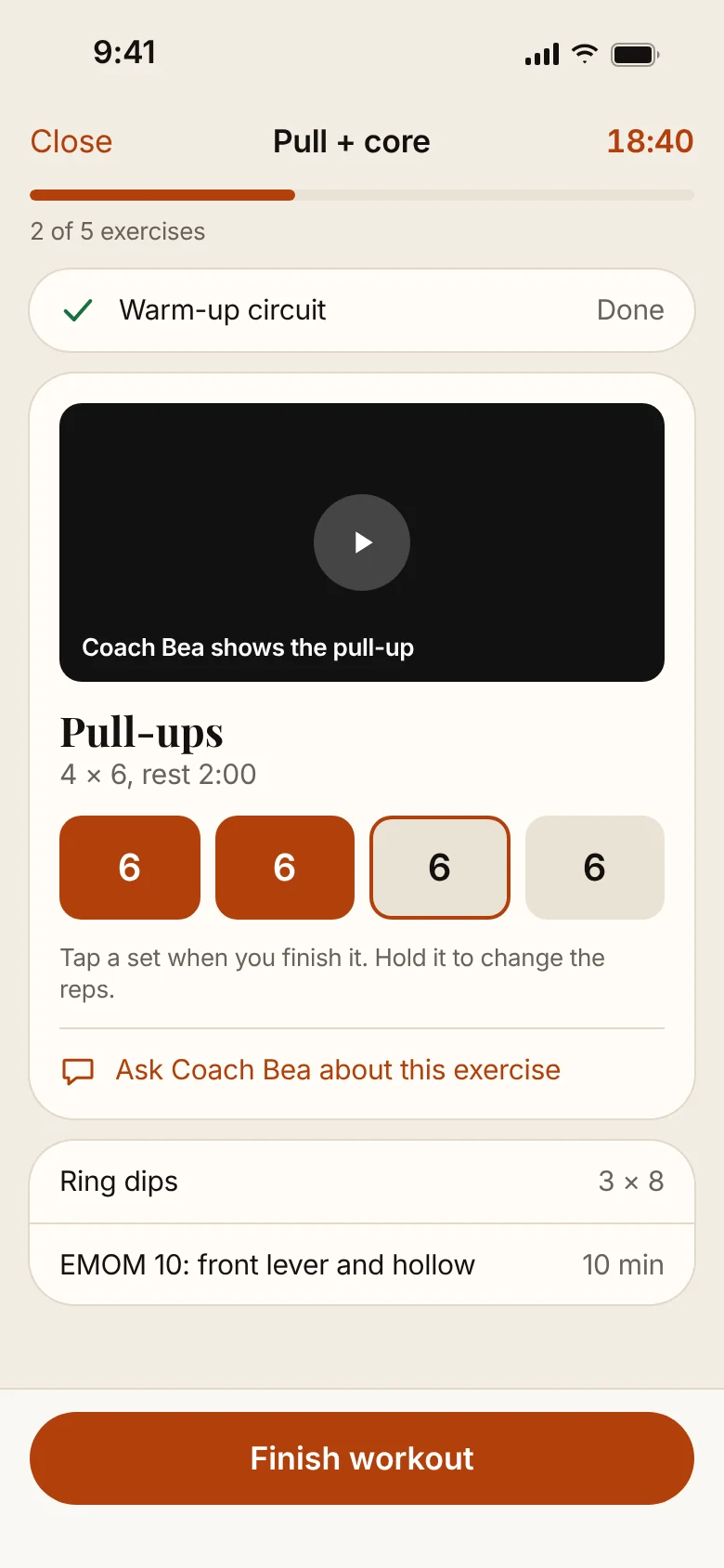 A client’s workout in a themed app for Coach Bea